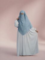 Sky Blue Layered Khimar + White Bishop Sleeve Abaya Set - Image 2