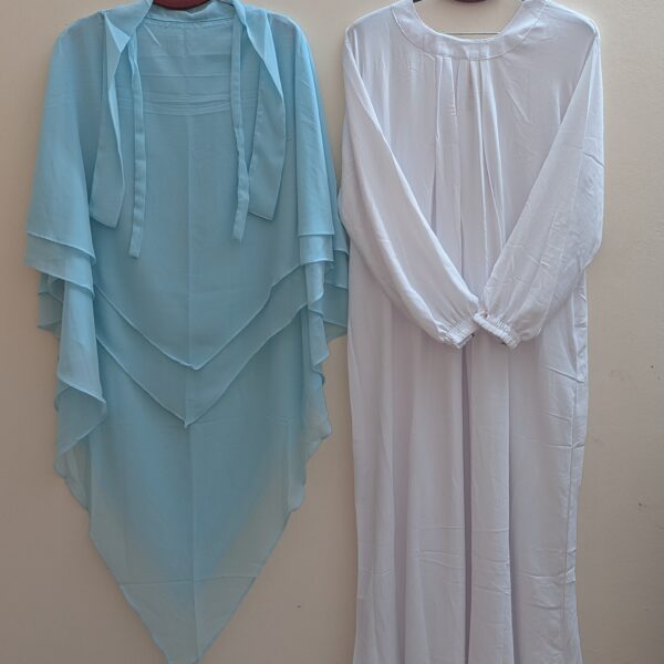 Sky Blue Layered Khimar + White Bishop Sleeve Abaya Set