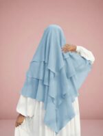 Sky Blue Layered Khimar + White Bishop Sleeve Abaya Set - Image 3